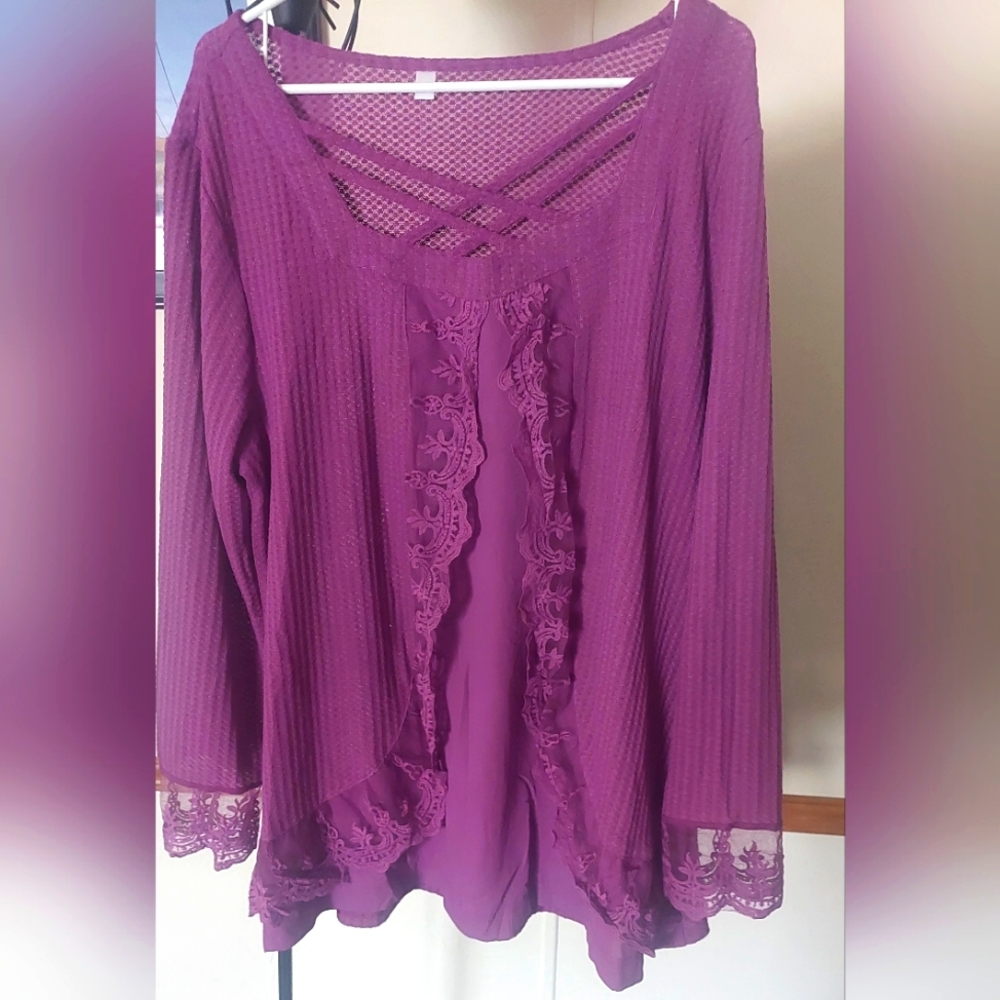 Modlily 2XL Purple Chiffon Lace Stitching Faux Two Piece Cross Twinset